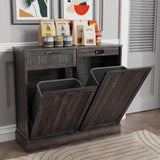 Double Tilt Out Trash Can Cabinet, Kitchen Island with Trash Can Storage, Trashcan Cabinet for Kitchens, Wood Cabinet with Trash Can Pull Out, Dog Proof Trash Can, Tilt Out Laundry Hamper, Brown LOUVIXA