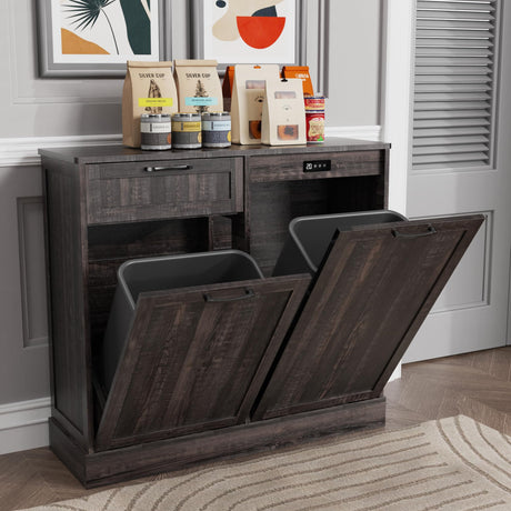 Double Tilt Out Trash Can Cabinet, Kitchen Island with Trash Can Storage, Trashcan Cabinet for Kitchens, Wood Cabinet with Trash Can Pull Out, Dog Proof Trash Can, Tilt Out Laundry Hamper, Brown LOUVIXA