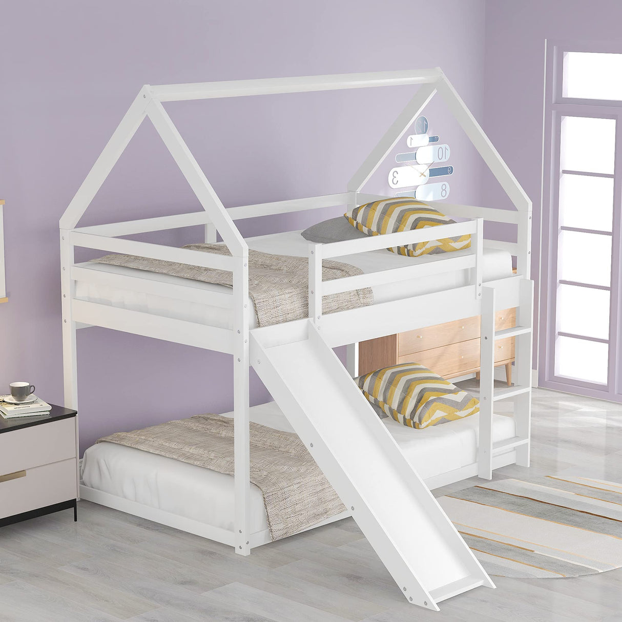 Harper & Bright Designs Twin Over Twin Low Bunk Bed with Slide, Solid Wood House Bunk Bed for Kids Girls Boys (White) Harper & Bright Designs