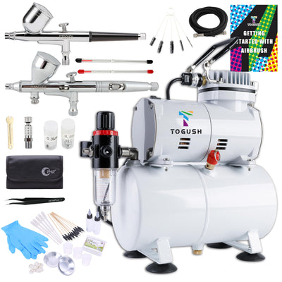 T TOGUSH Airbrush Kit with Air Tank Compressor 2 Dual-Action Gravity Airbrush with 0.2mm 0.3mm 0.5mm Nozzle Air Compressor with Airbrush Coloring Tool Cleaning Brush for Model Paint Hobby Craft