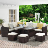 Wisteria Lane Patio Furniture Set, 7 Piece Outdoor Dining Sectional Sofa with Dining Table and Chair, All Weather Wicker Conversation Set with Ottoman, Brown Wisteria Lane