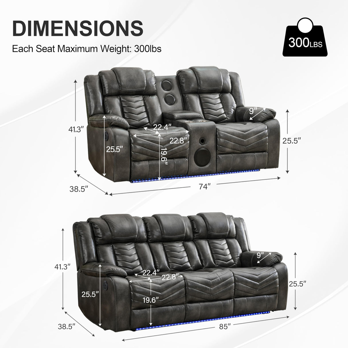 Power Recliner Sofa Set 5-Seater with Zero Gravity,Bass Speaker,Wireless Charger,USB/Type-C Ports,LED Lights,Cup Holders,Faux Leather Electric Reclining Loveseat Couch Recliner Sets,2 Piece,Gray Comfort Stretch