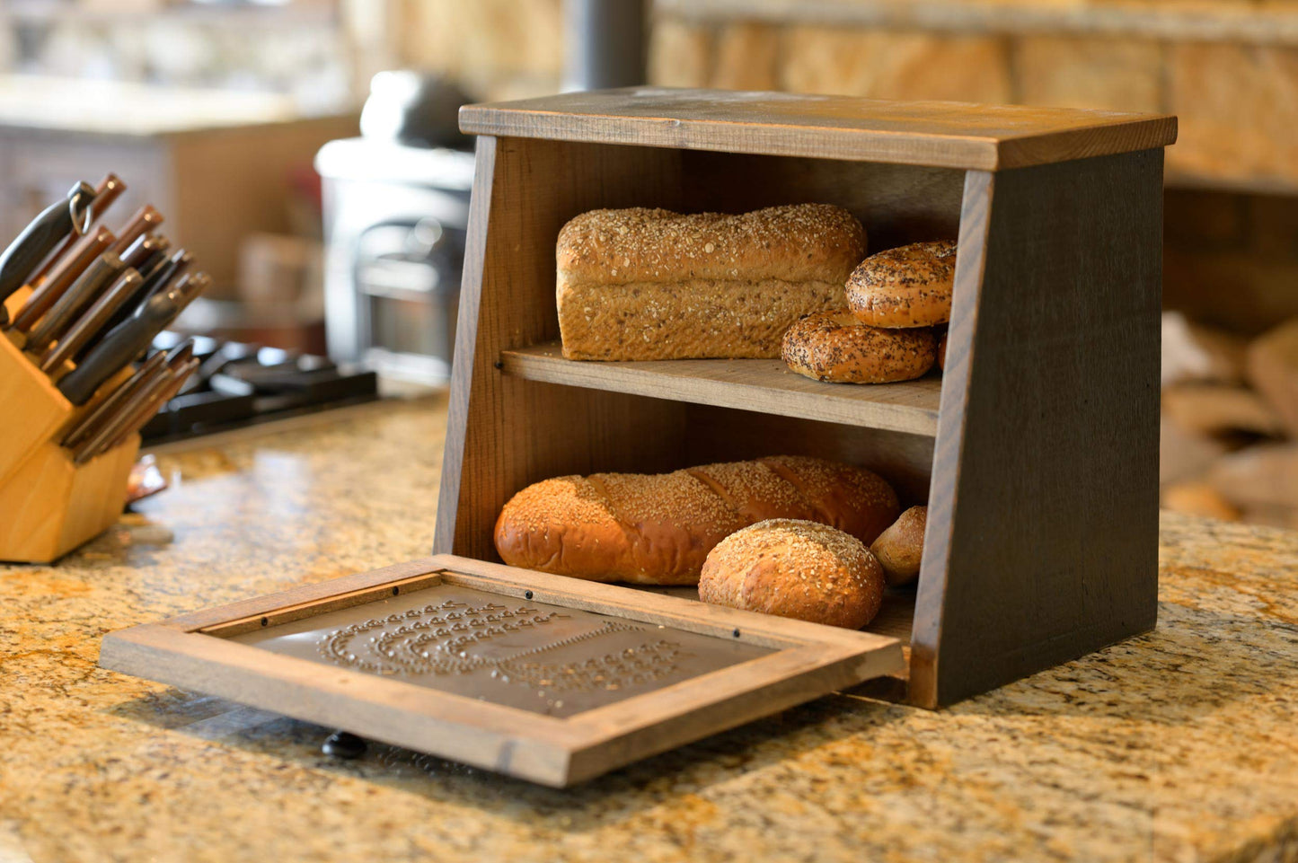 Amish Valley Products Rustic Wood Bread Box Large Kitchen Counter Storage Punched Willow Tin Primitive décor Interior Shelf Wooden Country Farmhouse Breadbox (Antique Black) - WoodArtSupply