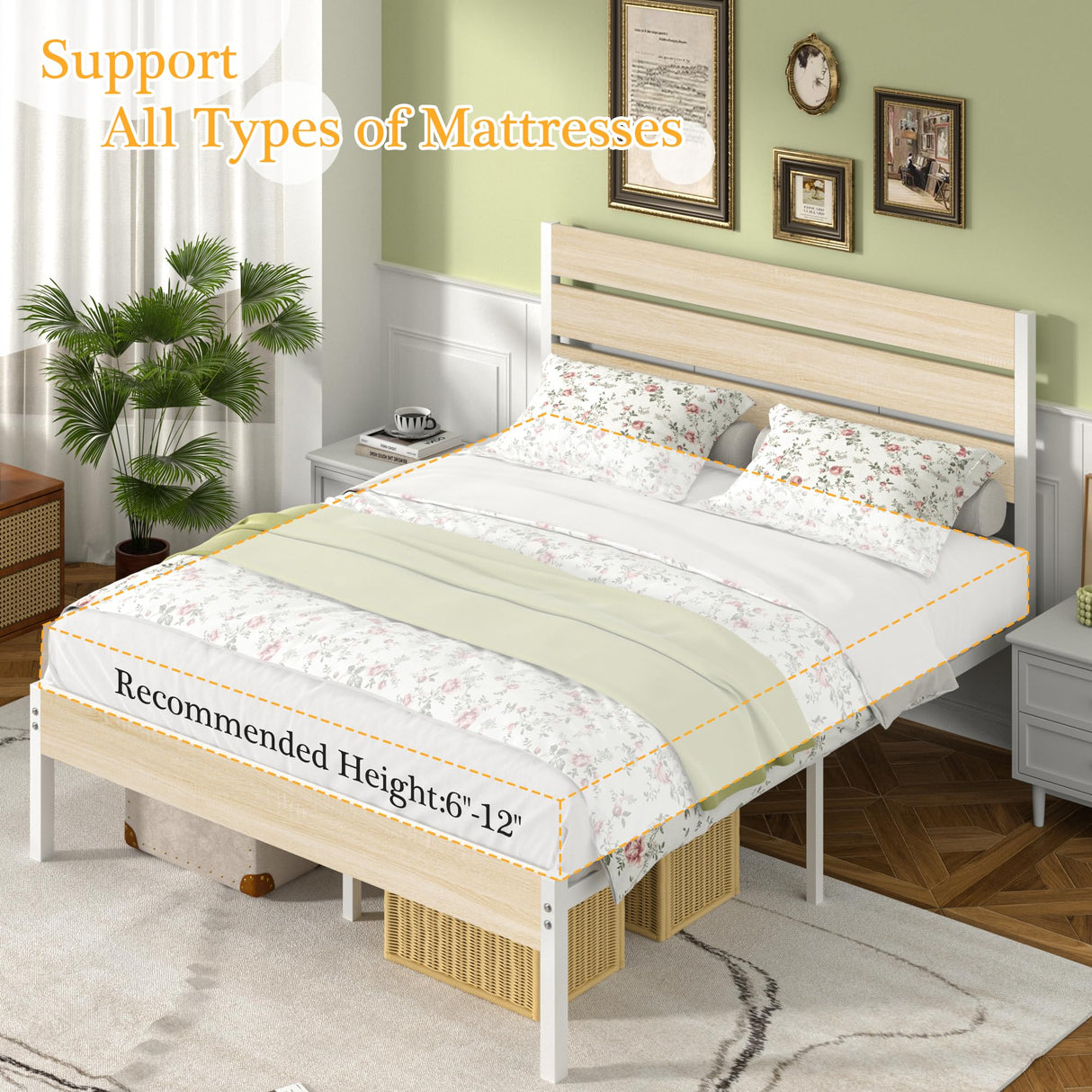 VECELO Full Bed Frame with Wooden Headboard and Footboard, Heavy-Duty Platform Frames with Metal Slats Support System, 12 inch Under-Bed Storage, No Box Spring Needed, Natural Maple VECELO