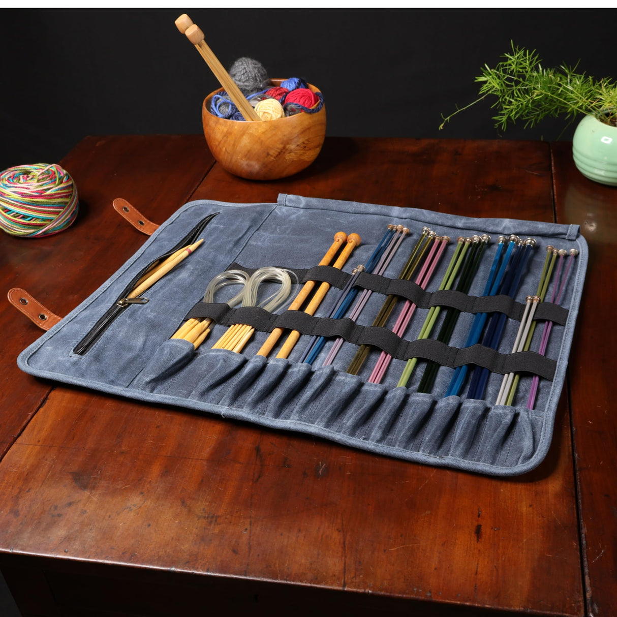 Earth & Fiber Co. Waxed canvas knitting needle case (up to 16 inches) - knitting bag - knitting needle organizer- knitting needle storage - circular knitting needle case (blue) Earth & Fiber Co.