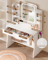 LIVELYGLOW Small Makeup Vanity Desk, 29.5" W x 15.8" D x 51.2" H, White (Smart LED Mirror, Hairdryer Rack, Power-Outlet, 5 Shelves, 2 Drawers) LIVELYGLOW