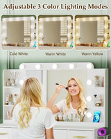 ALEXNUTRE Make up Vanity Desk with Mirror and Lights, Vanity with Lights 3 Models Settings, Vanity with Power Outlet, Vanity Desk with 5 Drawers, 2 Cabinets, Shelves, Makeup Vanity for Bedroom, White ALEXNUTRE