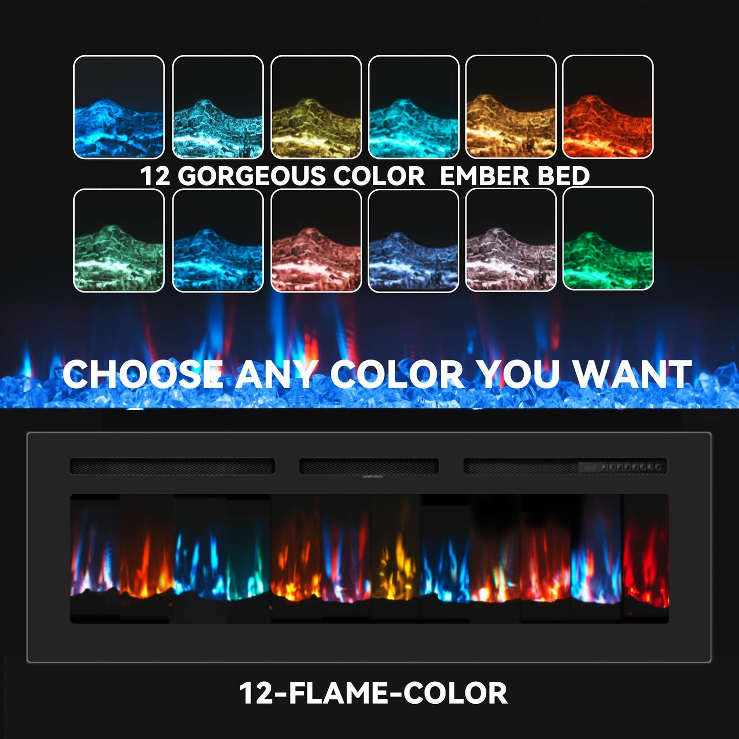 Urbansync Electric Fireplace 60 Inch Recessed and Wall Mounted Black Log and Crystal, 12-Color Flame, Timer, Low Noise, 750/1500W, Touch Screen and Remote Control, Adjustable Flame Color Speed.