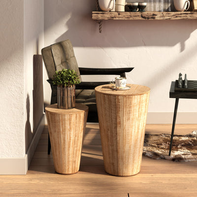 Aoikax Farmhouse Nesting Barrel Side Table, Rustic Space Saving Storage End Table Set Fully Assembled, Natural Distressed Finish