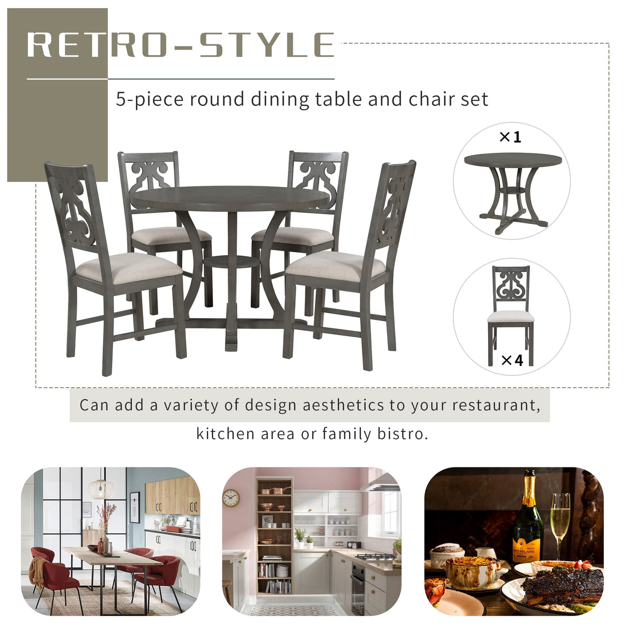 Merax 5 Piece Round Dining Table Set 4 Retro Chairs with Special-Shaped Table Legs, Exquisitely Designed Hollow Chair Back for Dining Room, Gray Merax
