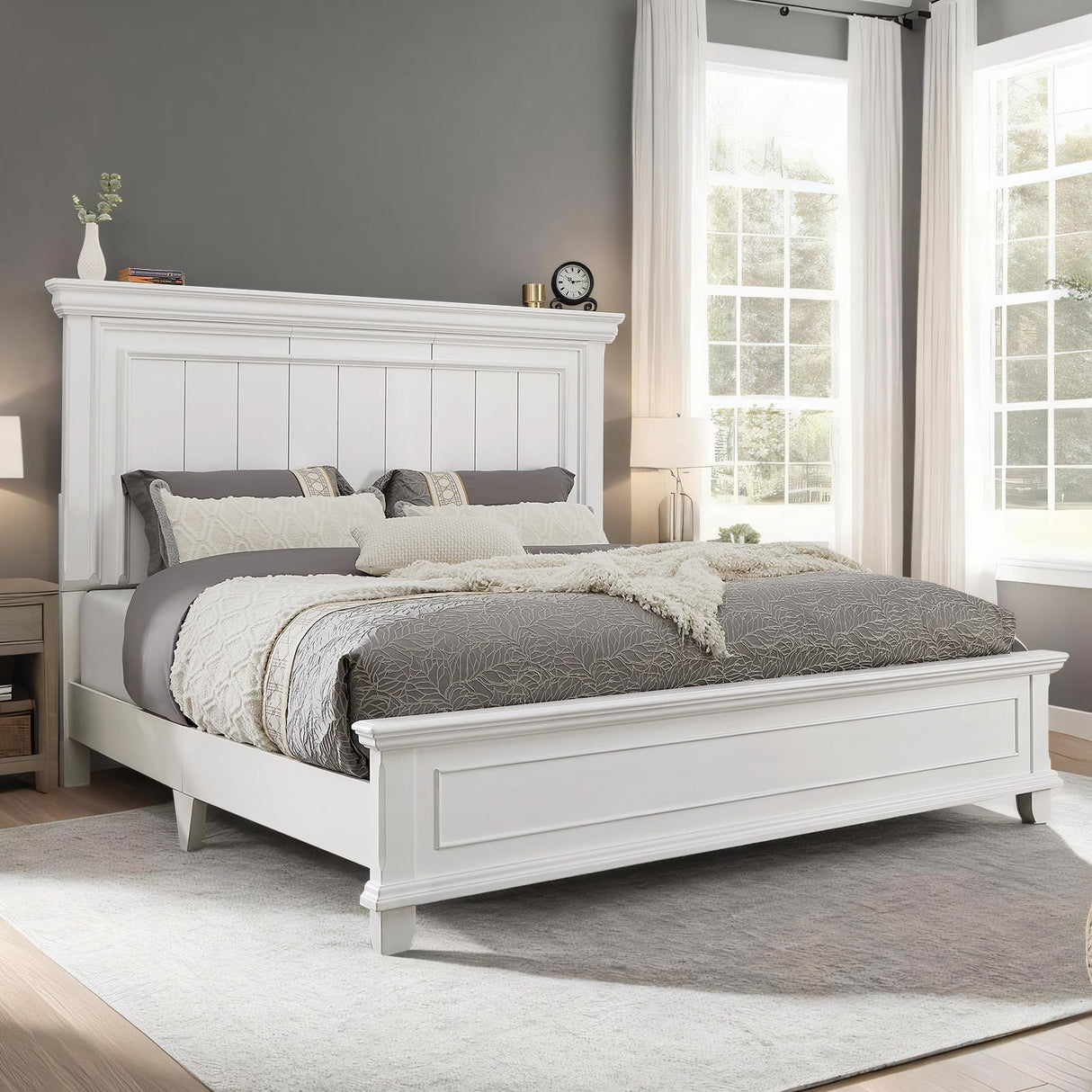 YUMPIE Farmhouse King Size Wood Bed Frame with Headboard and Footboard, No Box Spring Needed, Rustic Platform Bed with 12 Wood Slats Support, Distressed White YUMPIE