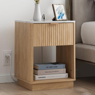 FavourLife Fluted Nightstand with Charging Station, 18" Side Table with Faux Stone Color Top, Mid Century Modern Night Stand Bedside Table with Drawer & Open Shelf for Bedroom Living Room, White Oak