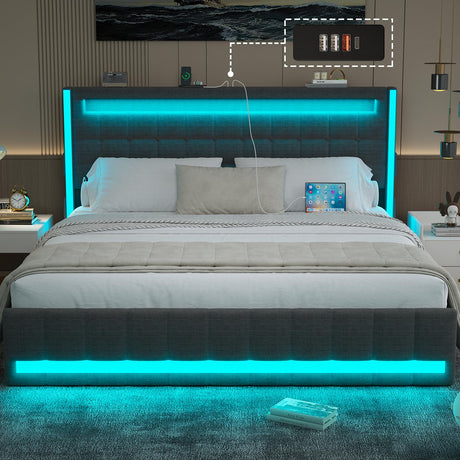 CSZZD Queen Bed Frame with Adjustable Headboard, RGB LED Lights & Built-in Charging Station in Dark Grey CSZZD