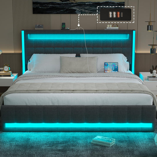 CSZZD Queen Bed Frame with Adjustable Headboard, RGB LED Lights & Built-in Charging Station in Dark Grey - WoodArtSupply