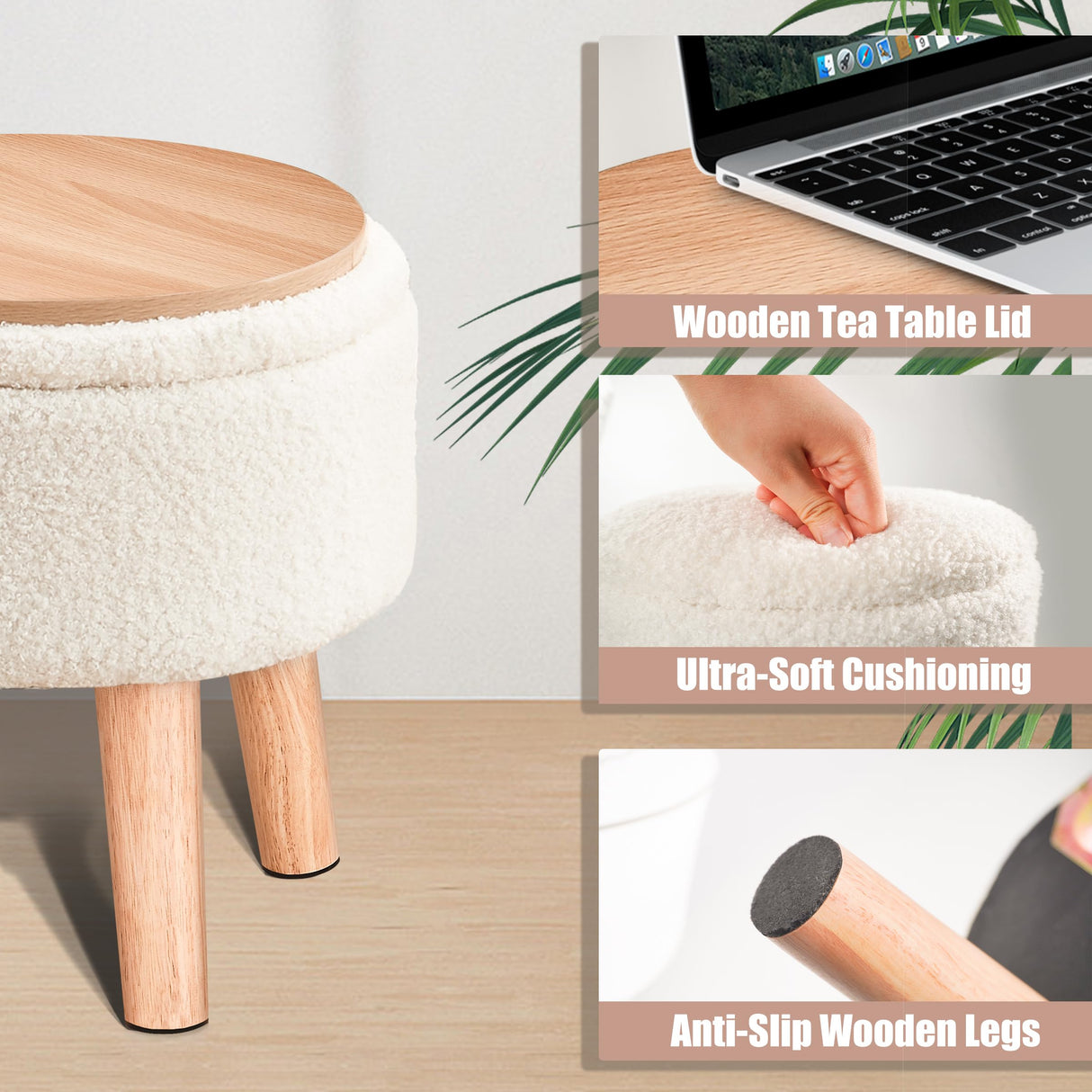Poofzy Small Ottoman with Storage, Small Foot Stool Ottoman with Wood Legs, Sherpa Foot Rest for Couch, Living Room and Bedroom - White Poofzy