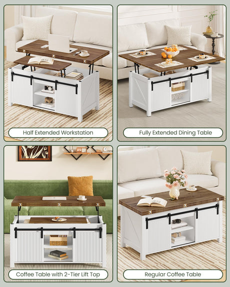 CHOEZON Coffee Table Lift Top, 4 in 1 Convertible Coffee Table, Farmhouse Coffee Tables, with Hidden Compartments, with Sliding Doors, for Living Room, Apartment, White and Walnut MKF01WL CHOEZON