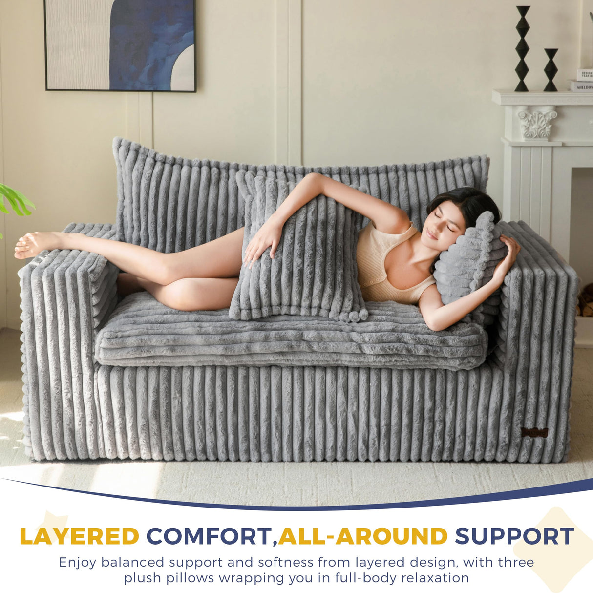 MAXYOYO Bean Bag Chair for Living Room, Upholstered Loveseat Sofa Couch with Deep Seating, Wide Armrests Boneless Couch Sofa in a Box for Bedroom Office Apartment, No Assembly, Dark Grey MAXYOYO