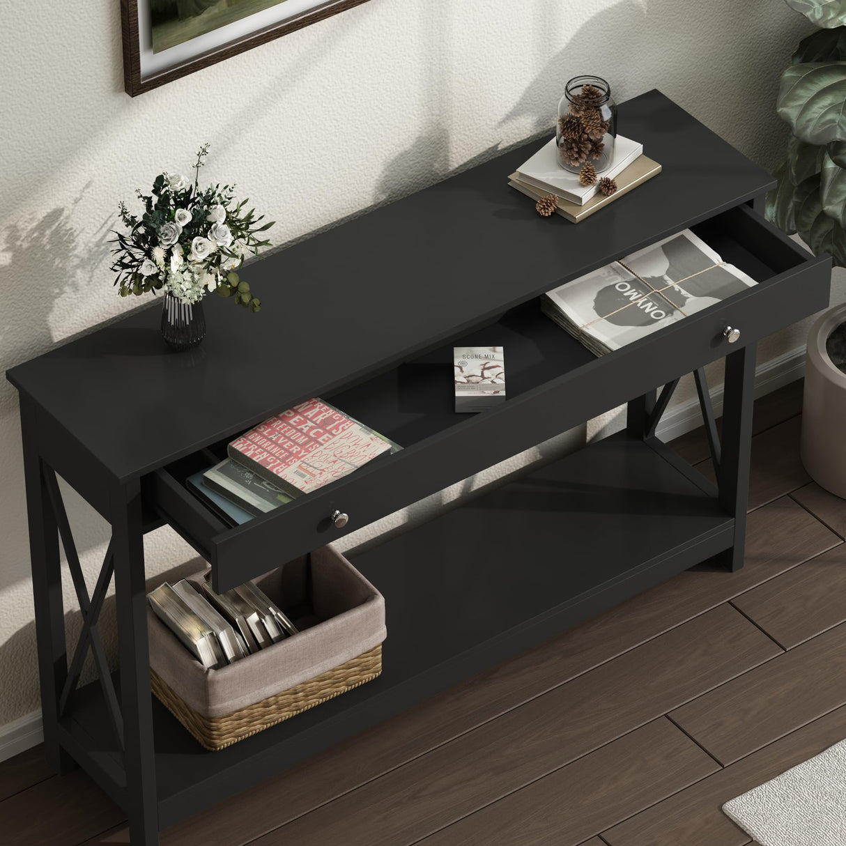 Treocho 47" Farmhouse Console Table with Drawer and Storage Shelves, Foyer Sofa Table Narrow for Entryway, Living Room, Hallway, Black Treocho