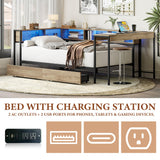 Full Size Corner Bed Frame with LED Lights, Bookcase Headboard, 2 Storage Drawers, Charging Station & Reversible Hutch Desk – Modern Metal Daybed for Bedroom, Guest Room or Living Room, Brown (Full) TTK