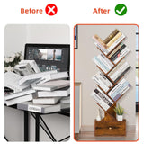 SHEEPAM 8-Tier Tree Bookshelf with Drawer - Rustic Brown Free Standing Bookcase for Small Spaces SHEEPAM