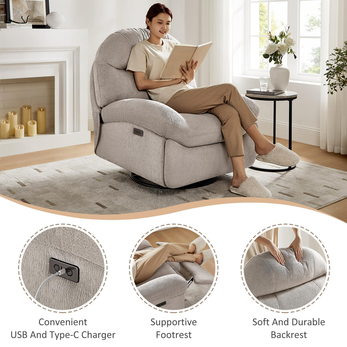 VANOMi Power Recliner Chair with USB & Type-C Charging, 270° Swivel Glider Rocker, Electric Nursery Recliner for Living Room, Bedroom, and Office, Light Gray VANOMi