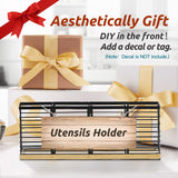 Suli Extra Large Kitchen Utensil Holder with 4 Compartments，Matte Black Metal holder with Wooden Base for Kitchen Countertop，Farmhouse Cooking Utensil Storage, Rustic Cooking Utensil Suli