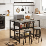 Jocoevol 46" Large Kitchen Island Table Baker Rack with Power Outlet and 3-Tier Storage-Microwave Stand Oven Shelf, Metal Coffee Bar Table,Kitchen Storage Shelf for Dining Living Room, 5 Hooks,Grey Jocoevol