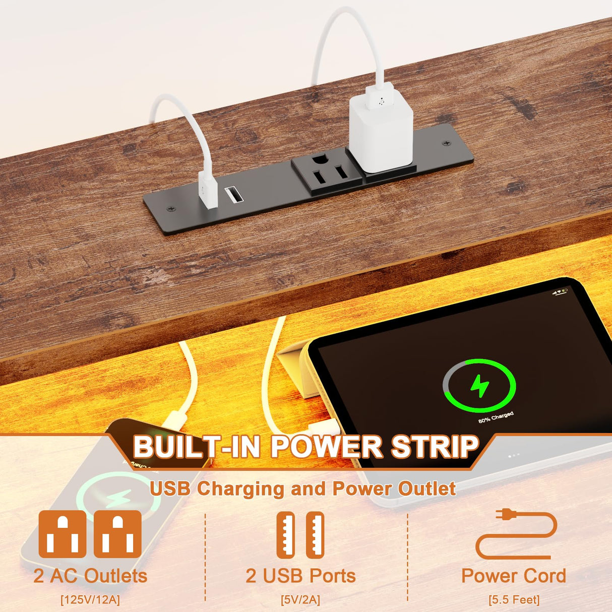 Korfile Computer Gaming Desk with Hutch, Home Office Desk with Power Outlets, LED Light, 5 Storage Drawers, 2 Tiers Shelves for Display, 47 Inch Modern Study Writing Table for Bedroom, Rustic Brown Korfile