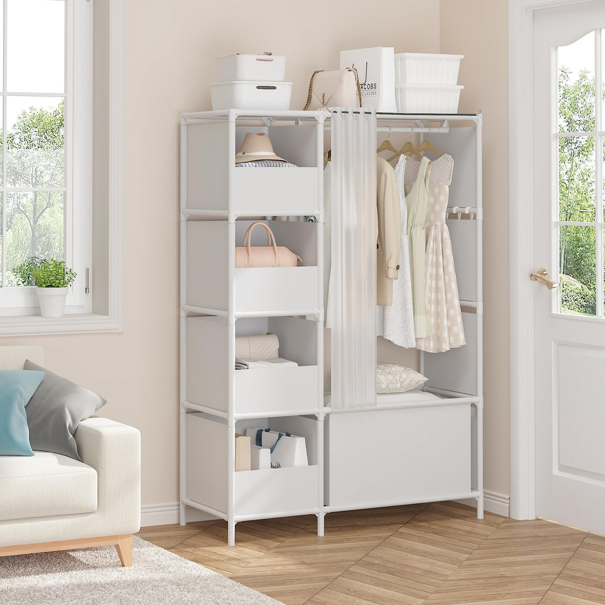 MOYIPIN Portable Closet，Free Standing Wardrobe Closet with Hanging Rod and Curtain，Clothes Storage Organizer, for Cloakroom, Bedroom，40.55 x 16.73 x 65.35Inches，White MOYIPIN