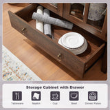 71" Tall Arched Cabinet, Modern Farmhouse Wooden Display Cabinet with Drawer and Glass Doors, 6 Tier Bookshelf w/Adjustable Shelves for Living Room, Office, Walnut WINWY