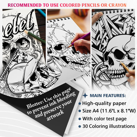 NETHOUSE Graffiti Skull Spiral Coloring Book for Adults Relaxation & Stress Relief, 30 Coloring Pages of Bold Skull Designs, Urban Graffiti Art, Dark, Creepy, Horror Illustrations, Street Art Styles NETHOUSE