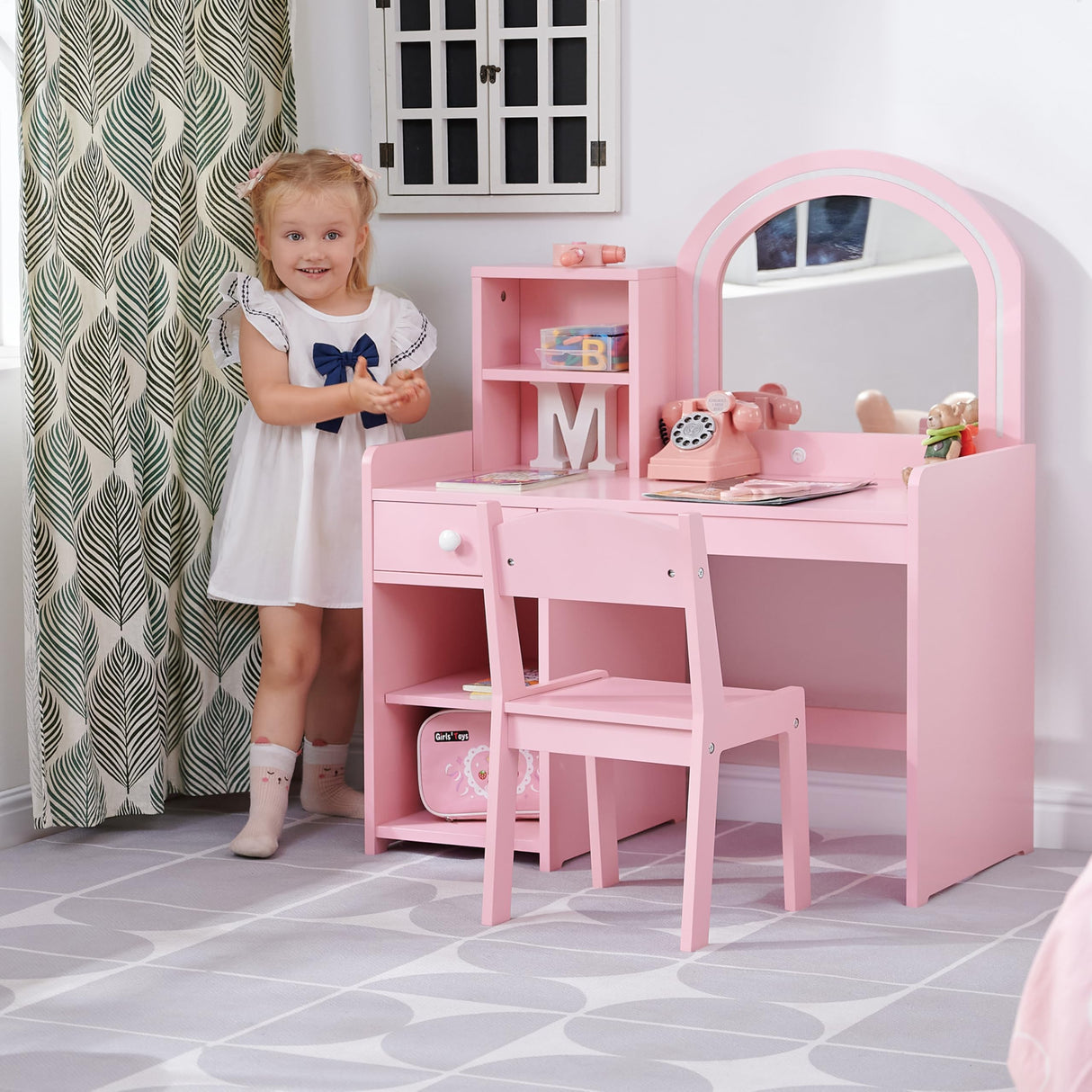 BXKX Kids Vanity with Lights, Princess Vanity Set with Drawer and Storage Shelves, 2 in 1 Toddler Makeup Vanity with Lighted Mirror, Girls Vanity Set with Stool for Little Girls (Pink) BXKX
