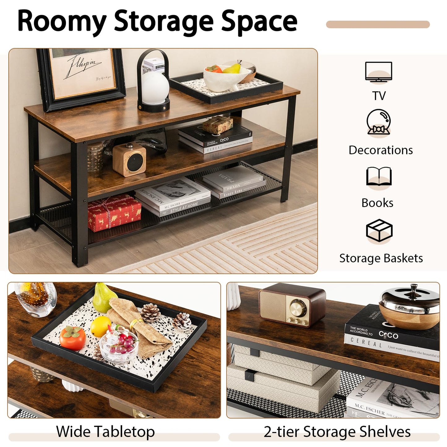 Tangkula Small TV Stand for TVs up to 50 inch, 43.5” Wood Media Entertainment Center w/ 3-Tier Open Storage Shelves, Metal Frame, Farmhouse TV Console Table for Living Room Bedroom (Rustic Br - WoodArtSupply