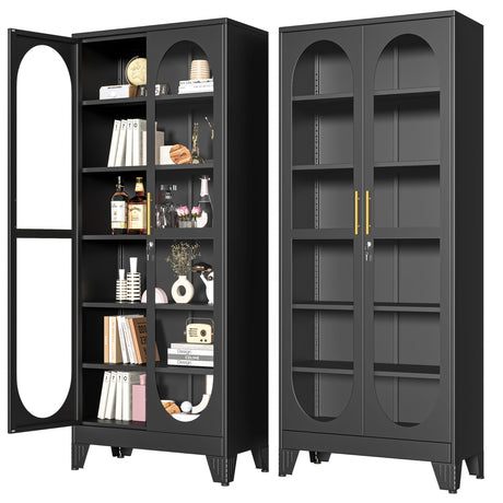 PAOFIN 75" H Locking Display Cabinet with Glass Door, Metal Curio Cabinets with 5 Adjustable Shelves, Tall Liquor Cabinet Display Case for Living Room, Wine, Clinic, Home - Assembly Required Black PAOFIN