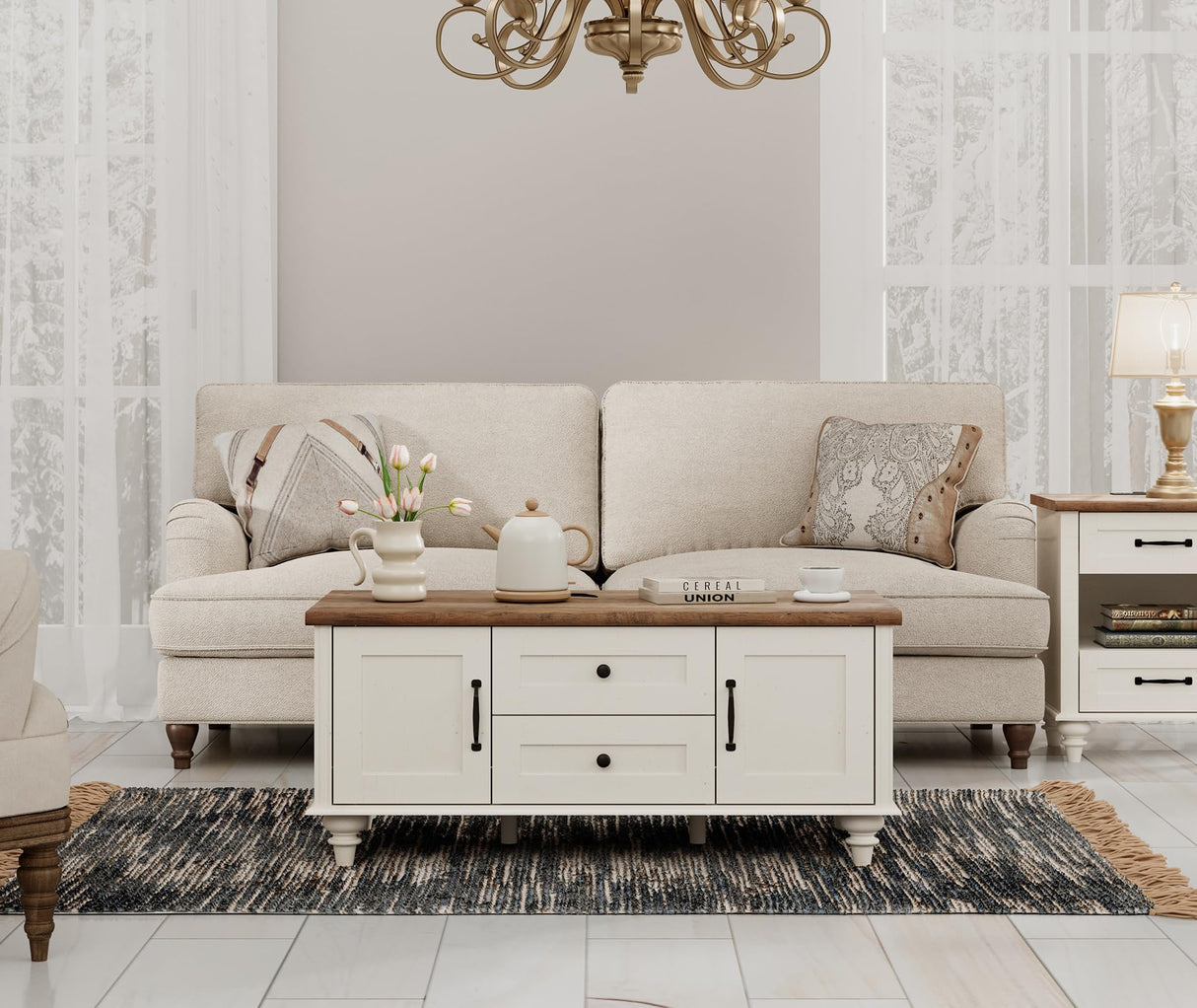 WAMPAT Modern Coffee Table with Storage Cabinet, White Coffee Tables for Living Room, Wood Rectangle Center Table with Drawer, Rustic Tea Table for Home, White WAMPAT