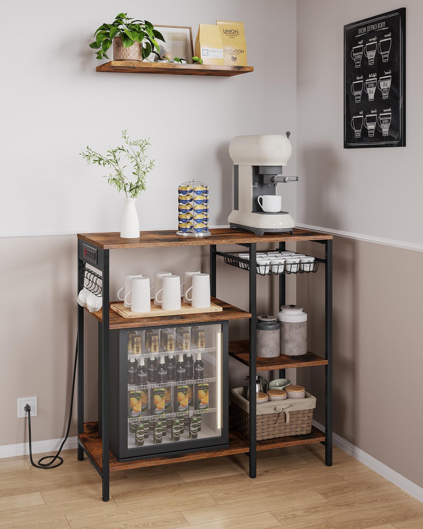 VASAGLE Baker's Rack, Coffee Bar Stand with Charging Station, Storage Shelves, Pull-Out Wire Basket, Table for Microwave, Kitchen, Rustic Brown UKKS036K01, 15.7 x 35.4 x 35.6 Inches