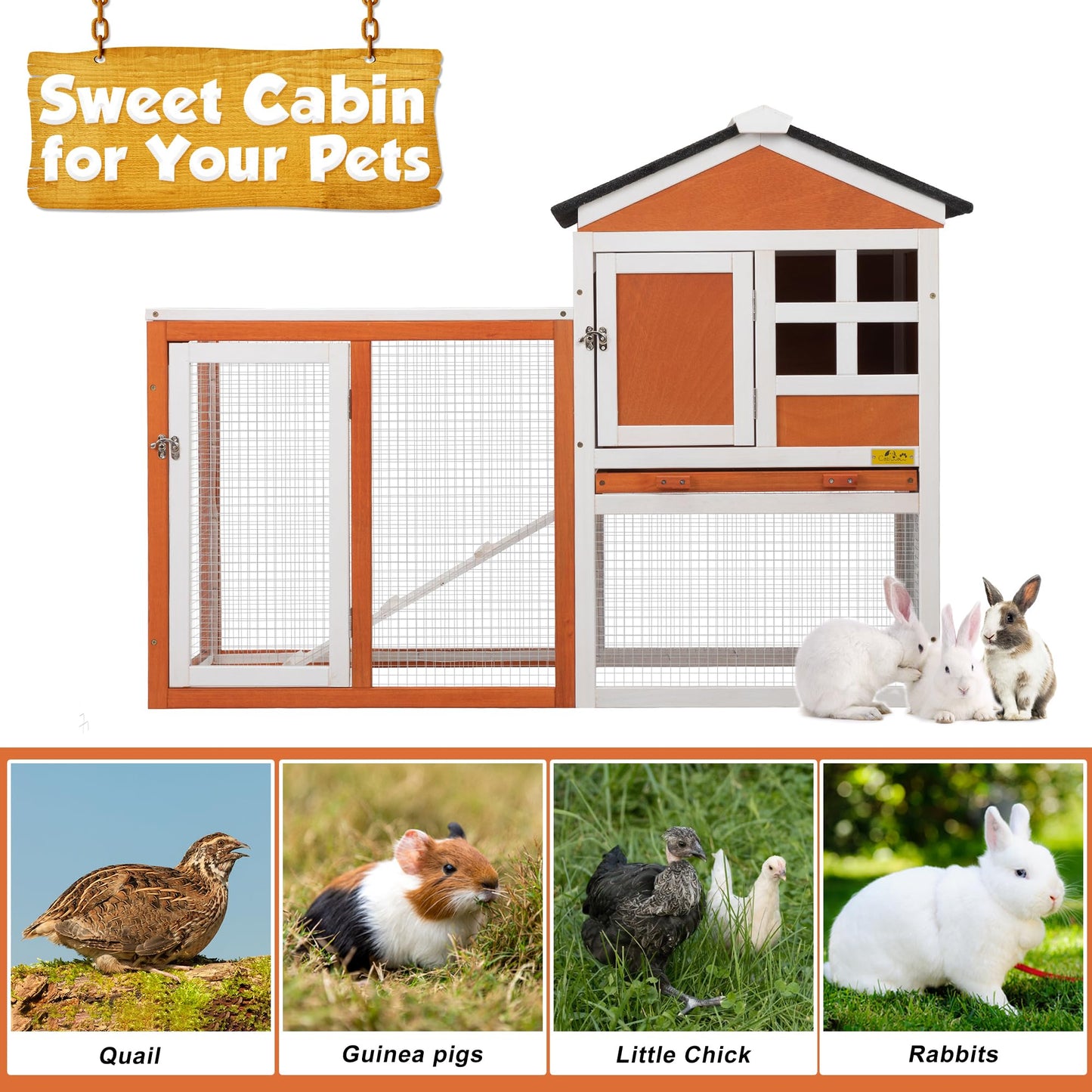 Rabbit Hutch Indoor Bunny Cage Outdoor Wooden Chicken Coop Small Animal Enclosure with Pull Out Tray & Weatherproof Asphalt Roof,48" L x 24" W x 35" H Orange