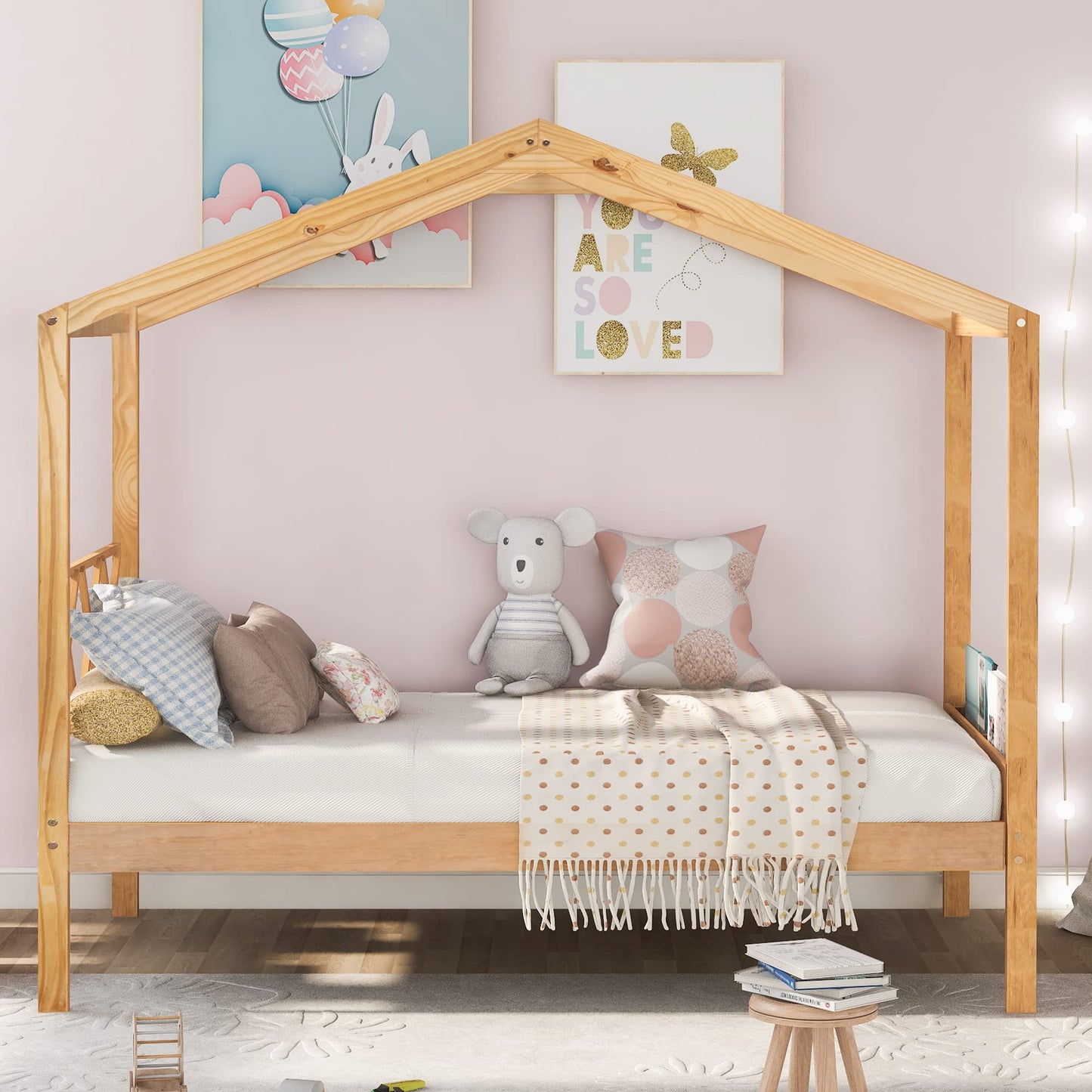 Harper & Bright Designs Natural Twin House Bed with Storage for Kids - WoodArtSupply