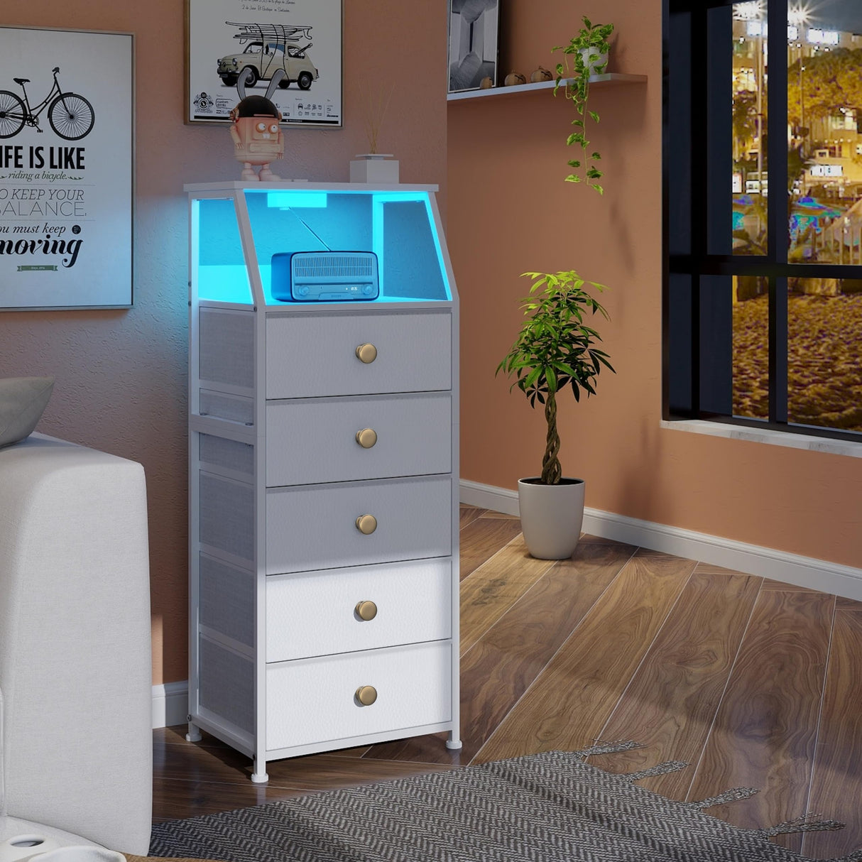 Tohomeor Dresser with Fabric Drawers Nightstand with 2 Tier Shelf Storage Tower for Bedroom Hallway Entryway Closet Organizer Sofa Beside Table Furniture (White, 5 Drawers) Tohomeor