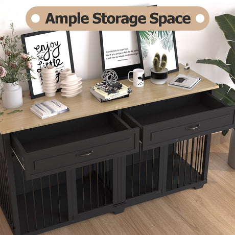 DAWNSPACES Large Dog Crate Furniture, 72" Wooden Large Dog Kennel with Drawers & Divider, Heavy Duty Indoor Dog Cage with Double Rooms for Large Medium Small Dogs, Black DAWNSPACES