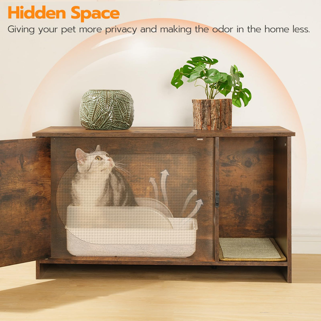 HOOBRO Cat Litter Box Enclosure with Rattan Door, Hidden Litter Box Furniture, Litter Box Enclosure with Adhesive Cat Scratching Mat, Coffee Table, 31.4" L x 17.7" W x 18.1" H, Rustic Brown FY18MW01 HOOBRO