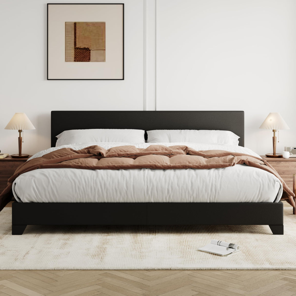 Allewie King Size Bed Frame with Adjustable Headboard, Faux Leather Platform Bed with Wood Slats, Heavy Duty Mattress Foundation, No Box Spring Needed, Noise-Free, Easy Assembly, Black Allewie