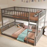Merax Full XL Over Queen Floor Bunk Bed, Kids Bedroom Brown Wooden Bunk Bed Frame, Convertible to 2 Separated Beds with Trundle, Ladder & Guardrail for Teens, Wood Slat Support, Easy Assembly, Gray Merax
