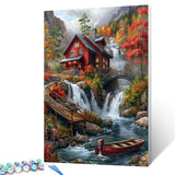 Native American Waterfall Paint by Numbers Kits 16x20 inch Canvas Red Wooden House DIY Oil Painting for Kids, Adults Beginner River with Boat Paintwork with Brushes Home Decor Boho Gift(Frameless) Tucocoo