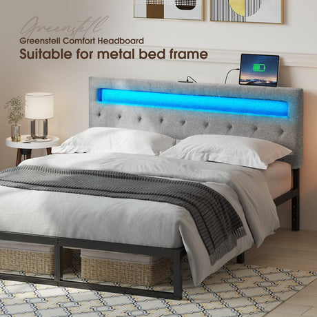 GREENSTELL Queen Size Adjustable LED Headboard with USB & Type C Ports - Gray Wall-Mounted Design GREENSTELL