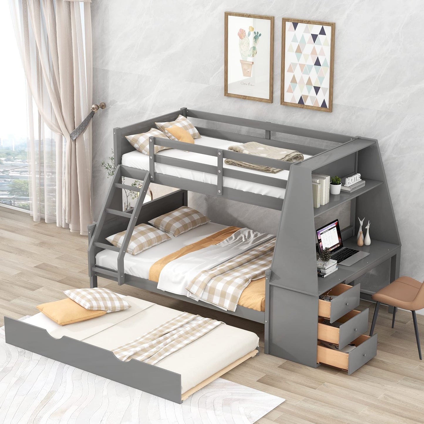 Harper & Bright Designs Twin Over Full Bunk Beds with Desk and Trundle, Wood Bunk Beds with Storage Drawers and one Shelves, No Box Spring Needed (Gray)