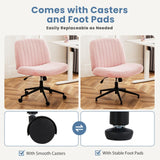 DUMOS Criss Cross Chair with Wheels, Legged Office Armless Wide Desk Seat with Dual-Purpose Base, Adjustable Swivel Teddy Fabric Task Vanity Home Bedroom, Pink DUMOS