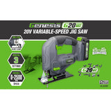 GENESIS G20MAX 20V Variable-Speed Jig Saw with 3-Orbital Settings, 2.0Ah Battery and quick charger included, Toolless blade clamp, Bevel Cutting left & right. Genesis