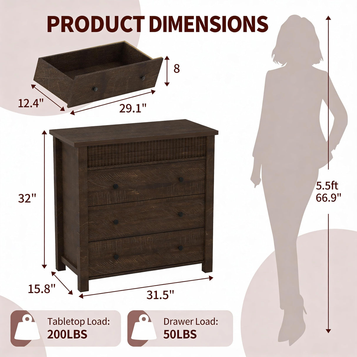 GarveeHome 3 Drawer Dresser, Modern Fluted Nightstand, Wooden Chest of Drawers, Storage End Table Organizer for Bedroom, Living Room, Hallway, Walnut GarveeHome