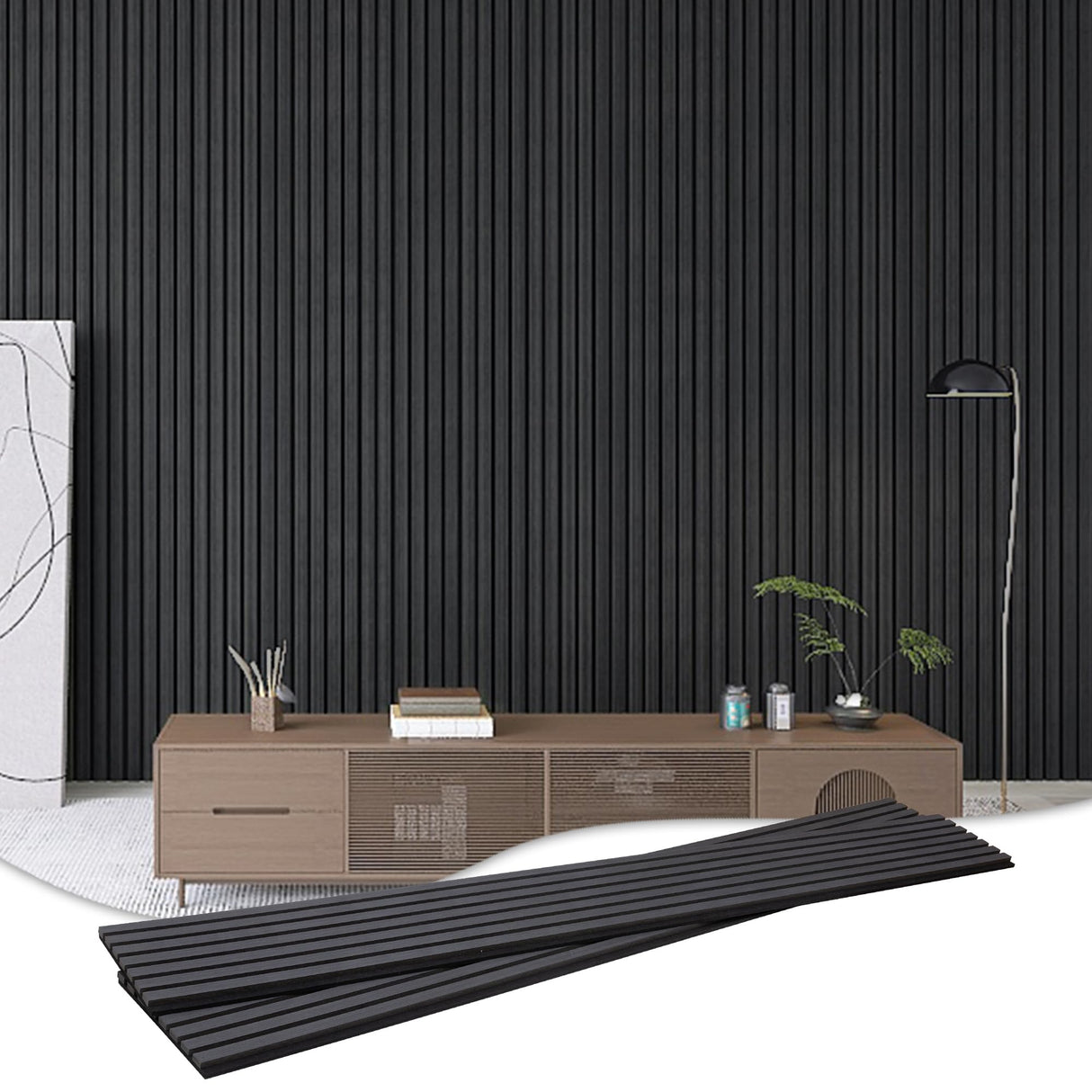 eazart Acoustic Wood Veneer Slat Wall Panels for Interior Wall and Ceilings Decor | Sound-Absorbing Felt Board | 3D Sound Proof Decorative Panels | 94.49” x 23.62” Each Box | 2 Pack | Natural Black eazart